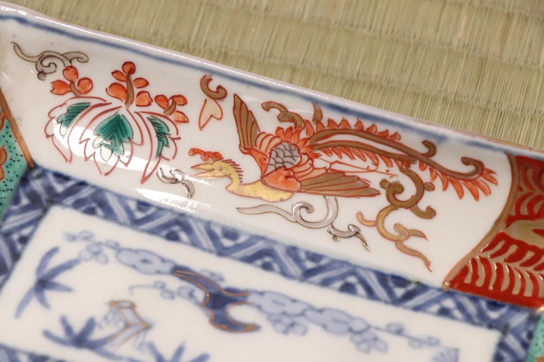 CM50】古伊万里 色絵 長方刺身皿 角皿 五客 桐鳳凰 松竹梅 扇面