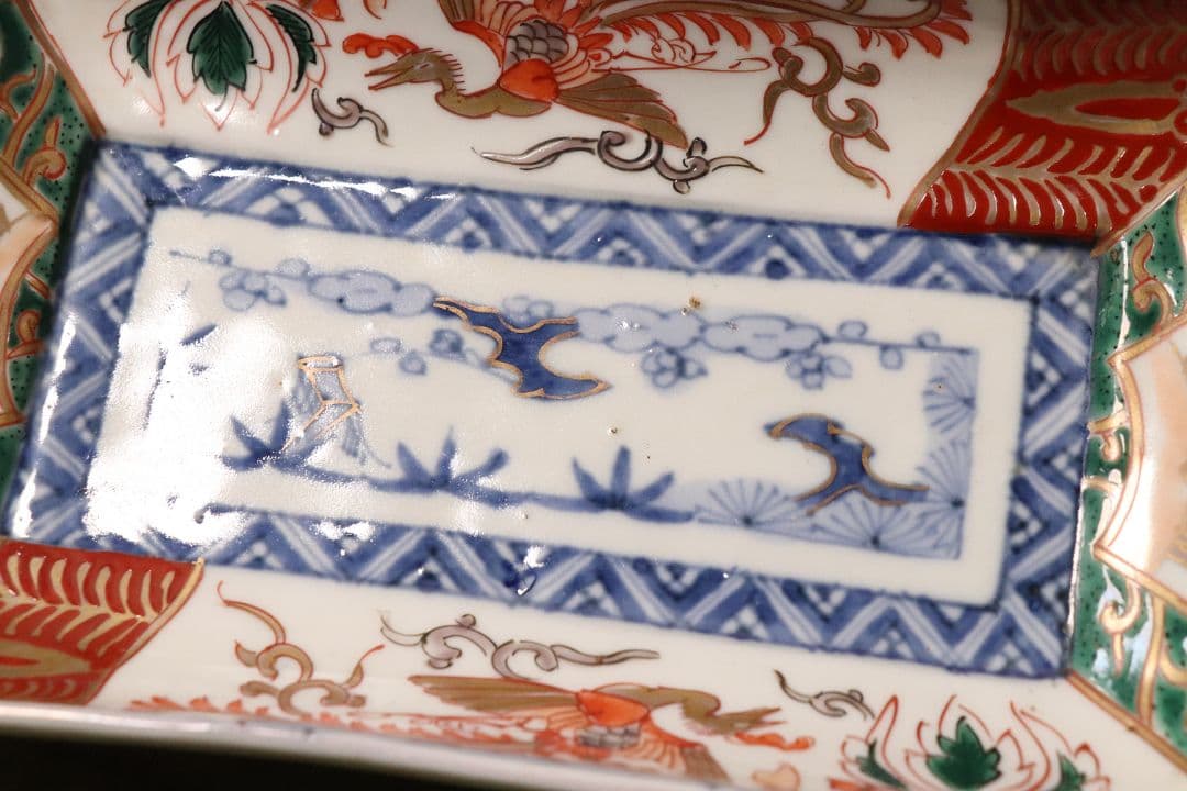 CM50】古伊万里 色絵 長方刺身皿 角皿 五客 桐鳳凰 松竹梅 扇面