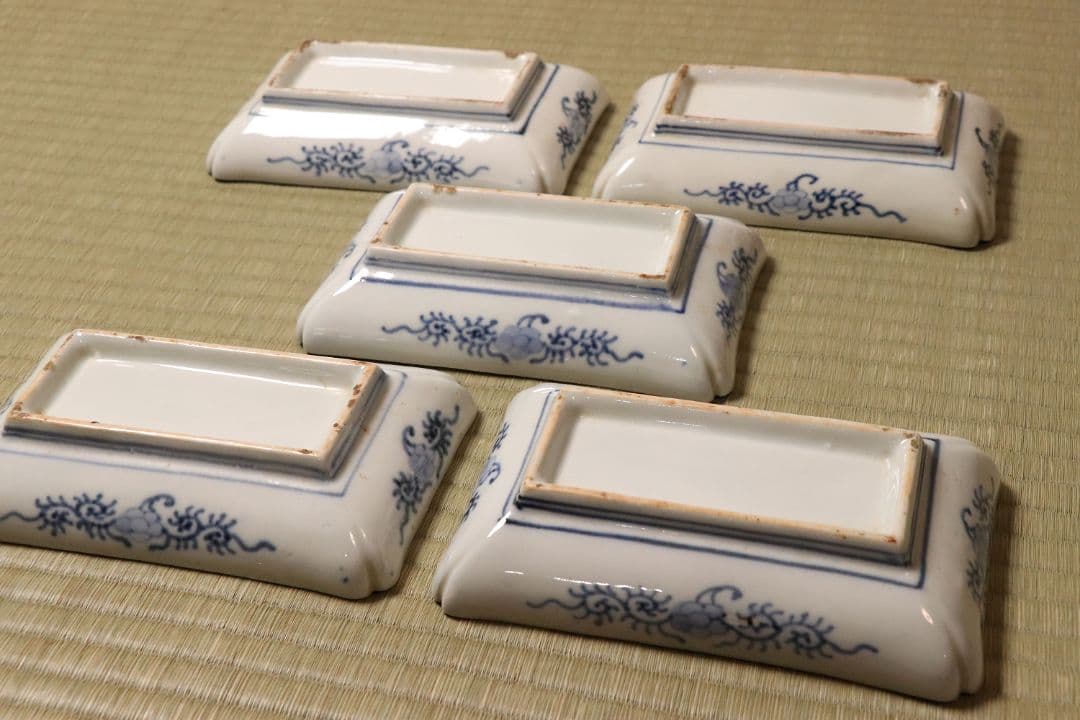 CM50】古伊万里 色絵 長方刺身皿 角皿 五客 桐鳳凰 松竹梅 扇面