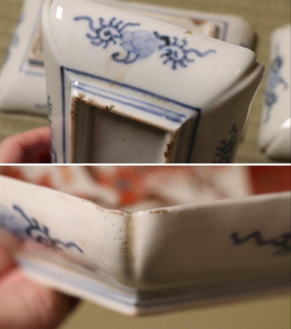 CM50】古伊万里 色絵 長方刺身皿 角皿 五客 桐鳳凰 松竹梅 扇面