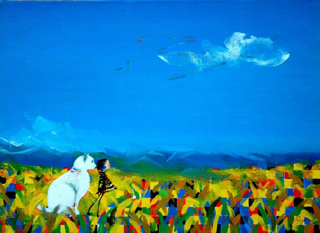 油絵 菅家令子 絵 絵画インテリア額付(銀) F4-072119 子犬猫と女の子