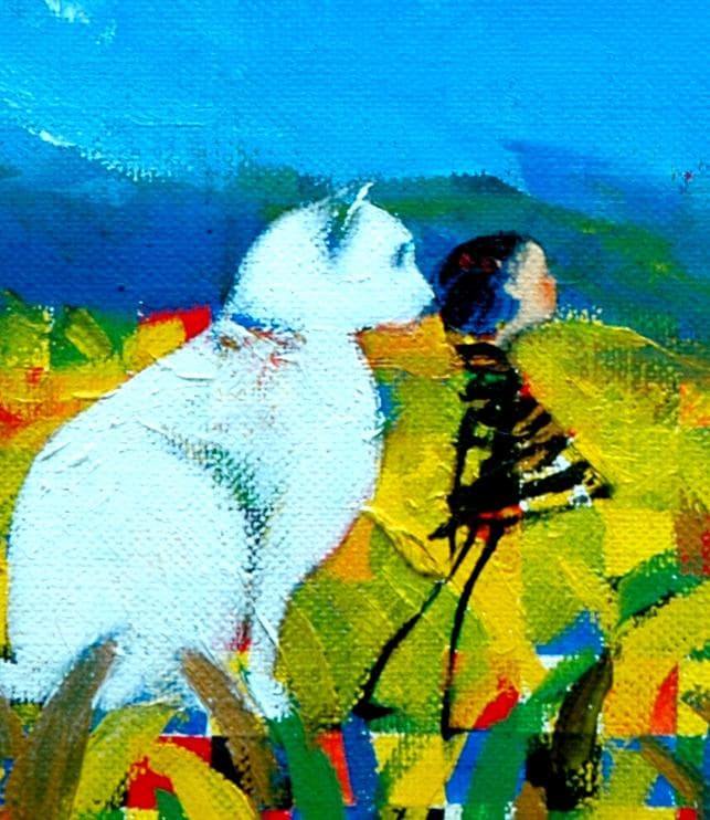 油絵 菅家令子 絵 絵画インテリア額付(銀) F4-072119 子犬猫と女の子