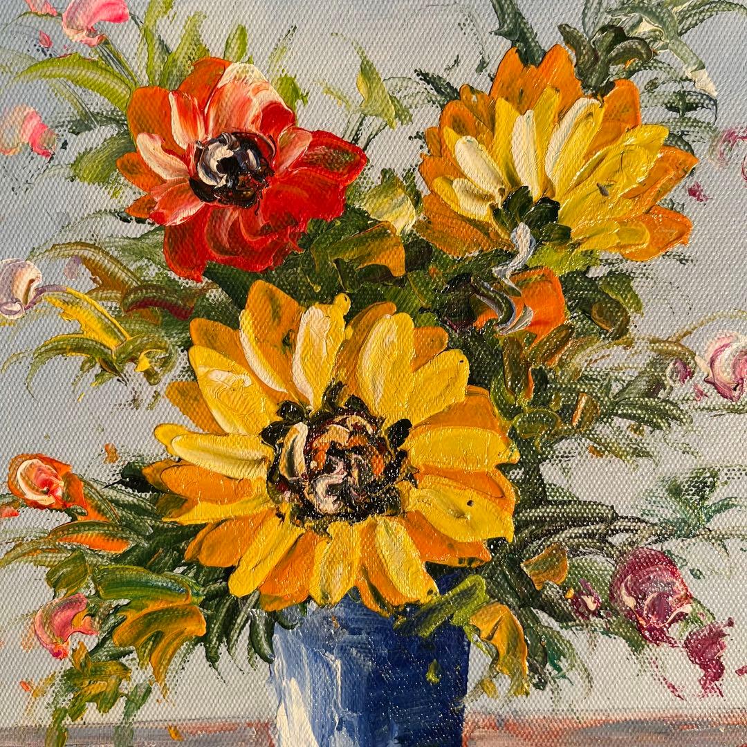 大）手描き油絵 3枚組 花瓶の花 額付 額付き 絵画 インテリア 油彩画