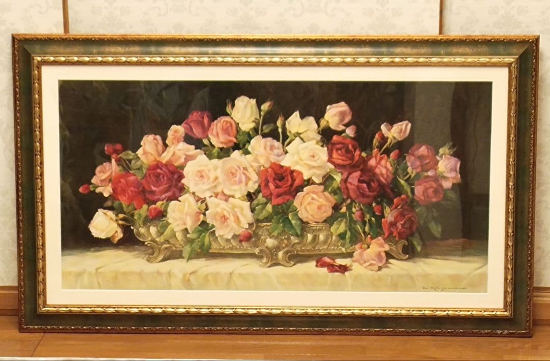 ローズ　油絵風絵画　大型フレーム