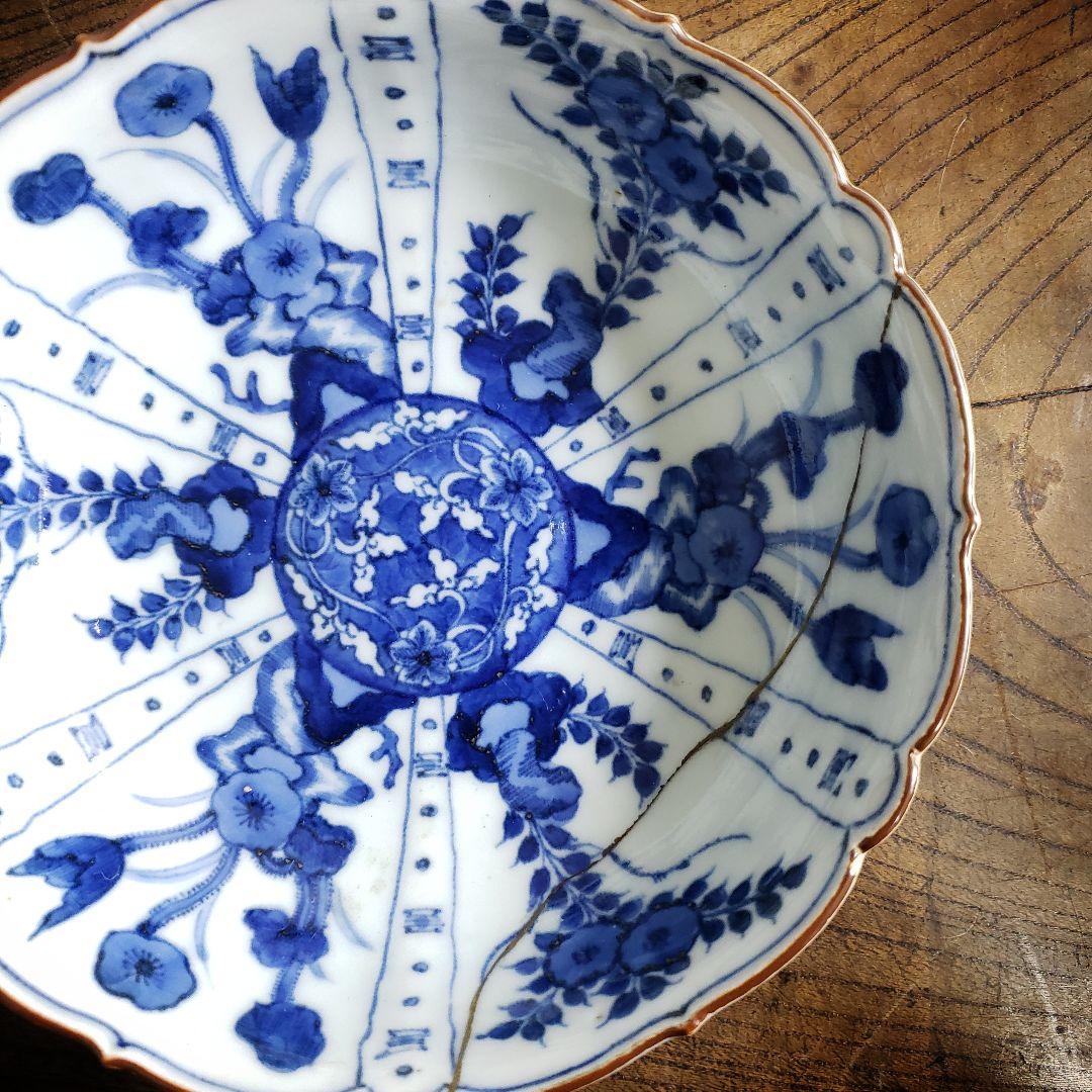 古伊万里　染付　なます皿　芙蓉手　花図　花唐草　ロ号　浅鉢　訳あり　漆継ぎ