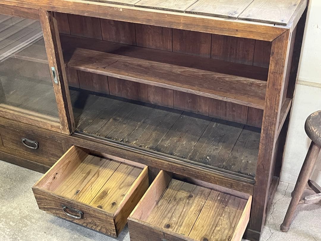 sasasa様専用」昭和初期 店舗什器 木製キャビネット ガラス戸棚 水屋箪笥