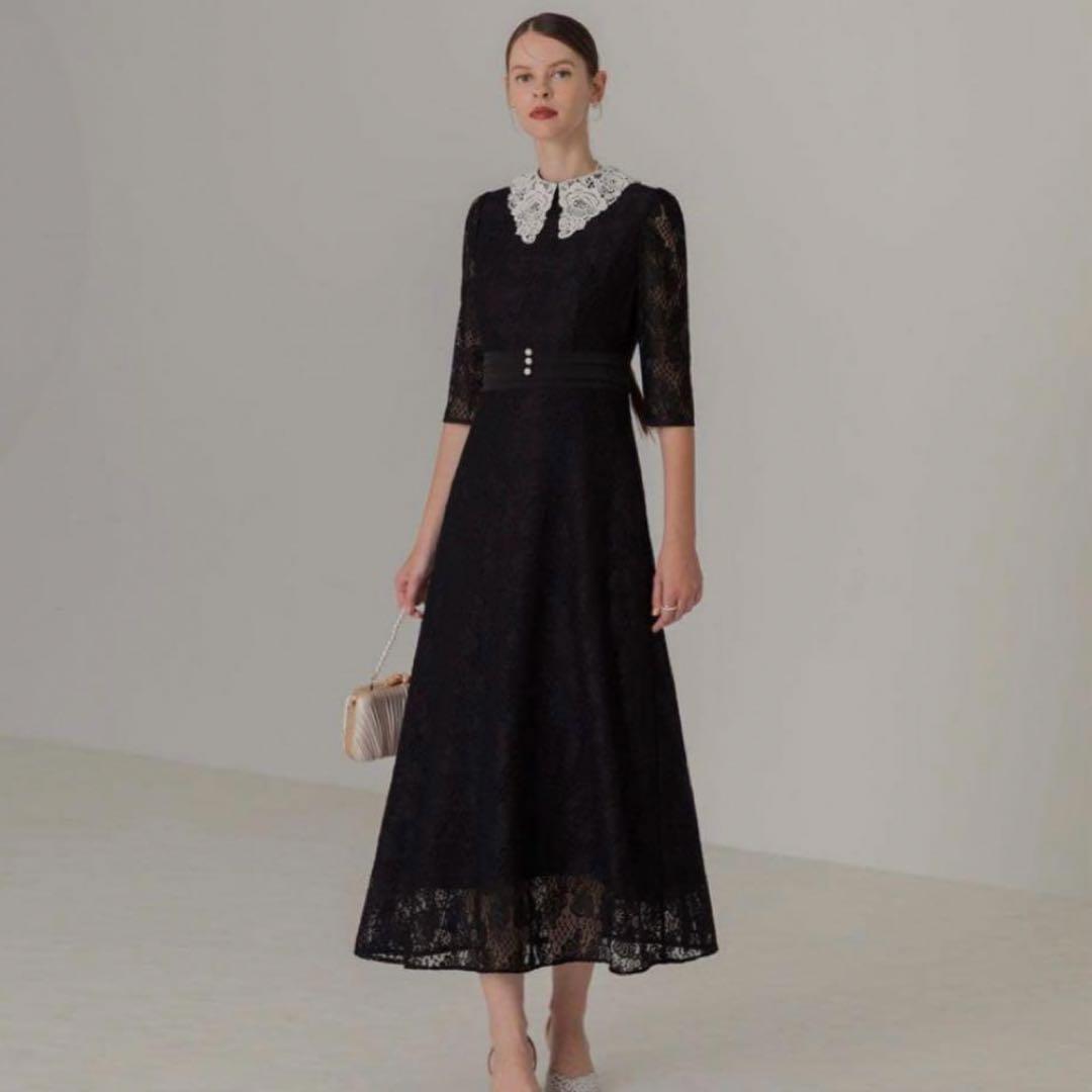 Leja美品】レースビックカラー花柄刺繍ウエストマークロングドレス M