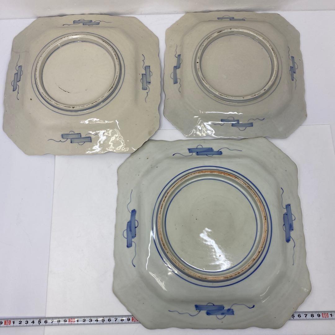 古伊万里　染錦大皿　三ツ組　共箱　タニト　東さ7-0327①