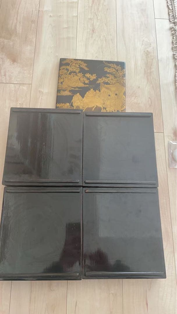 蒔絵 人物文 黒漆 五段重箱 平安風図絵 金蒔絵 漆芸 木製 箱付