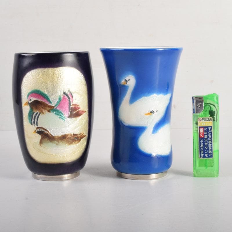 七宝焼　双鳥図　コップ　ビアグラス　2点　箱付　V　8278