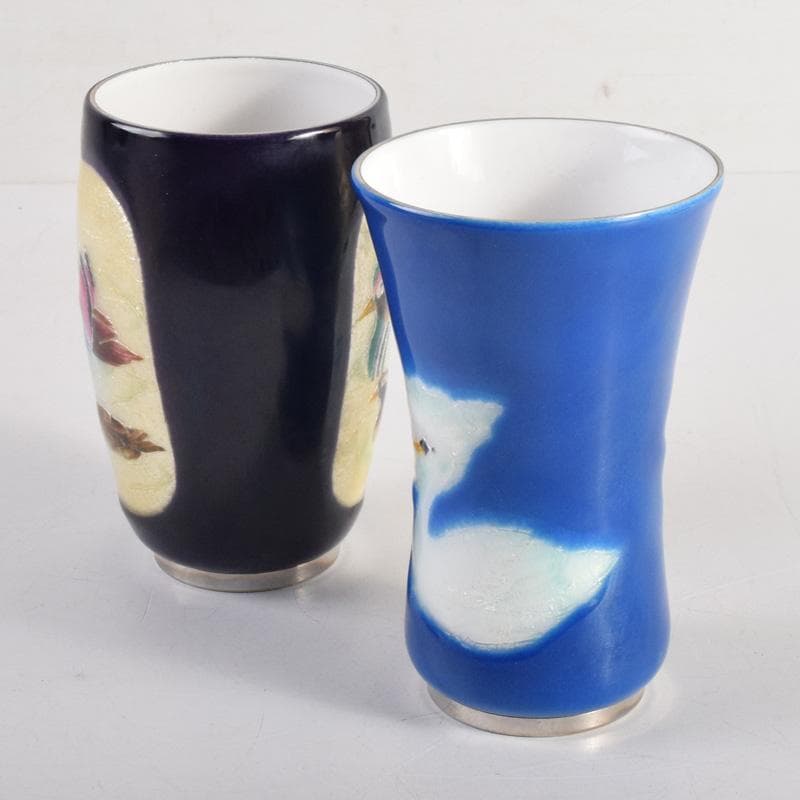 七宝焼　双鳥図　コップ　ビアグラス　2点　箱付　V　8278