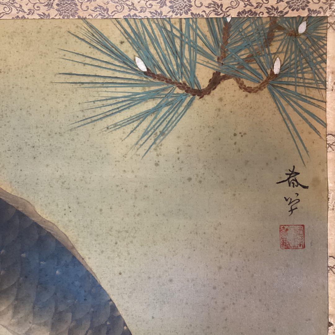 菱田春草　絹本横幅掛軸一幅　【　松　鯉　図　】自題箱　落款有軸先骨　模写　170