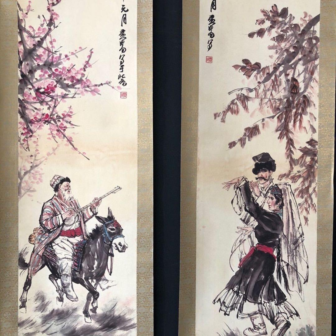 黄冑・四条屏】「辺疆意趣」掛軸セット 表装済み／全体163×38cm