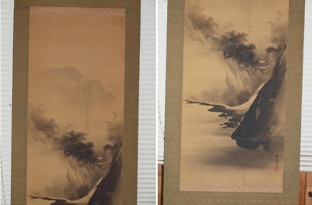 骨董市仕入れ品　肉筆山水絵　水墨画　激安骨董品<BR> X869C16-6