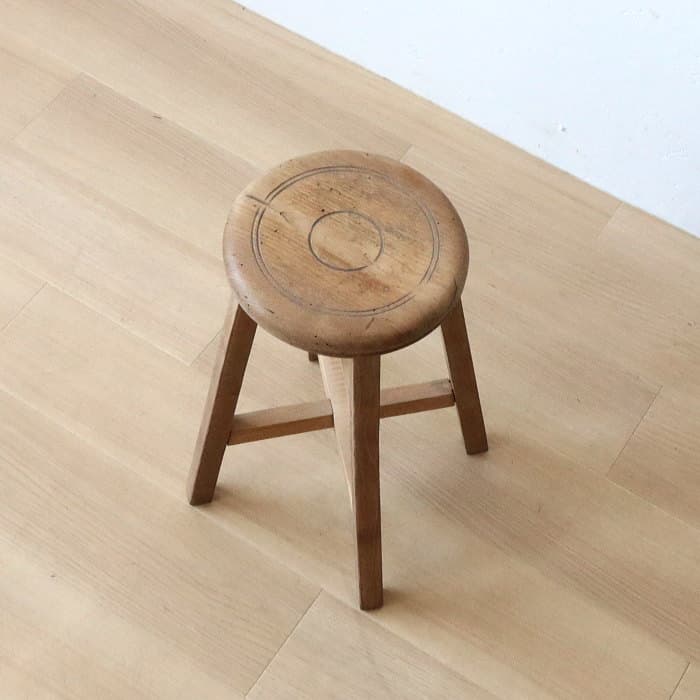 Cアンティーク 木製 無塗装 無垢材 丸スツール 古家具 ナラ ブナ