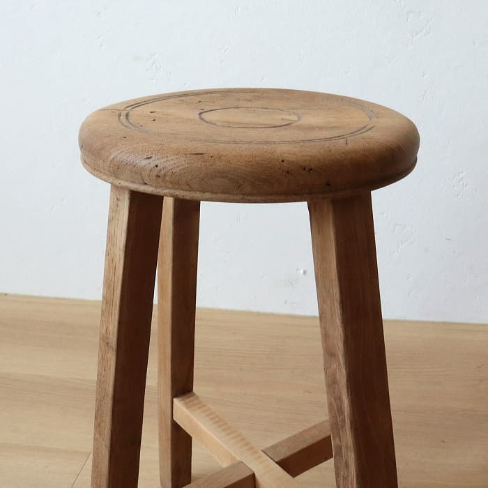 Cアンティーク 木製 無塗装 無垢材 丸スツール 古家具 ナラ ブナ