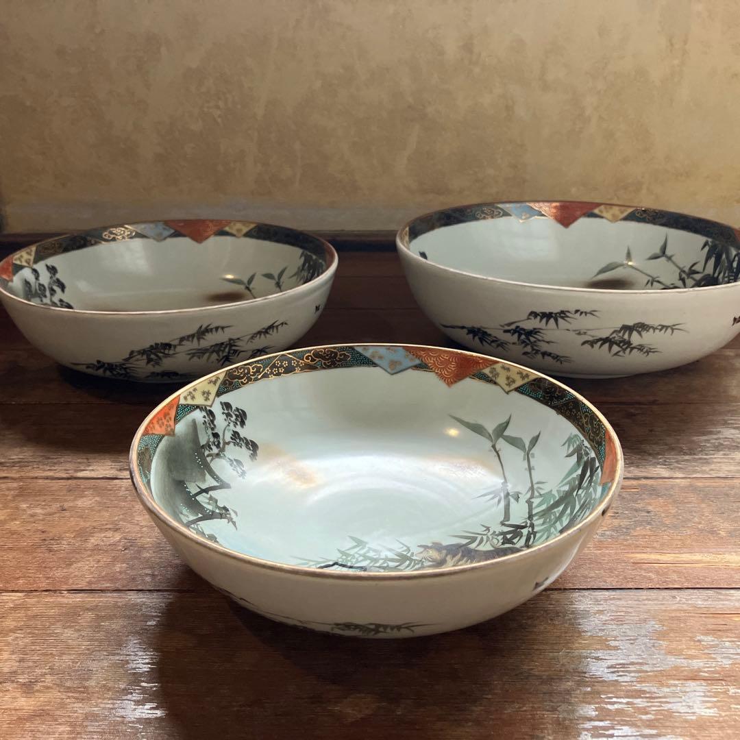 アンティーク 九谷焼 竹に虎図 三ツ鉢 深鉢 大鉢 三重鉢 骨董 手描き青粒