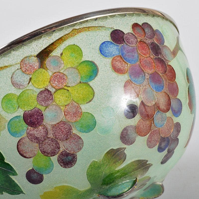 工芸ガラス 銅覆輪 葡萄文 鉢 唐木台付 時代箱付 H R4332