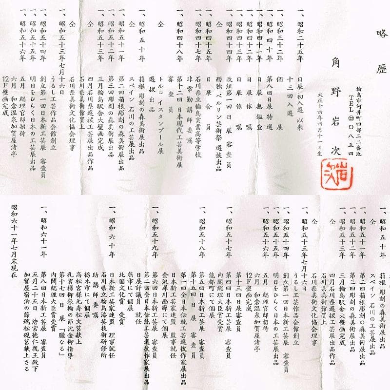 茶道具　輪島塗　角野岩次作　溜塗沈金寿松松葉散らし　棗　共布共箱　G　R6187