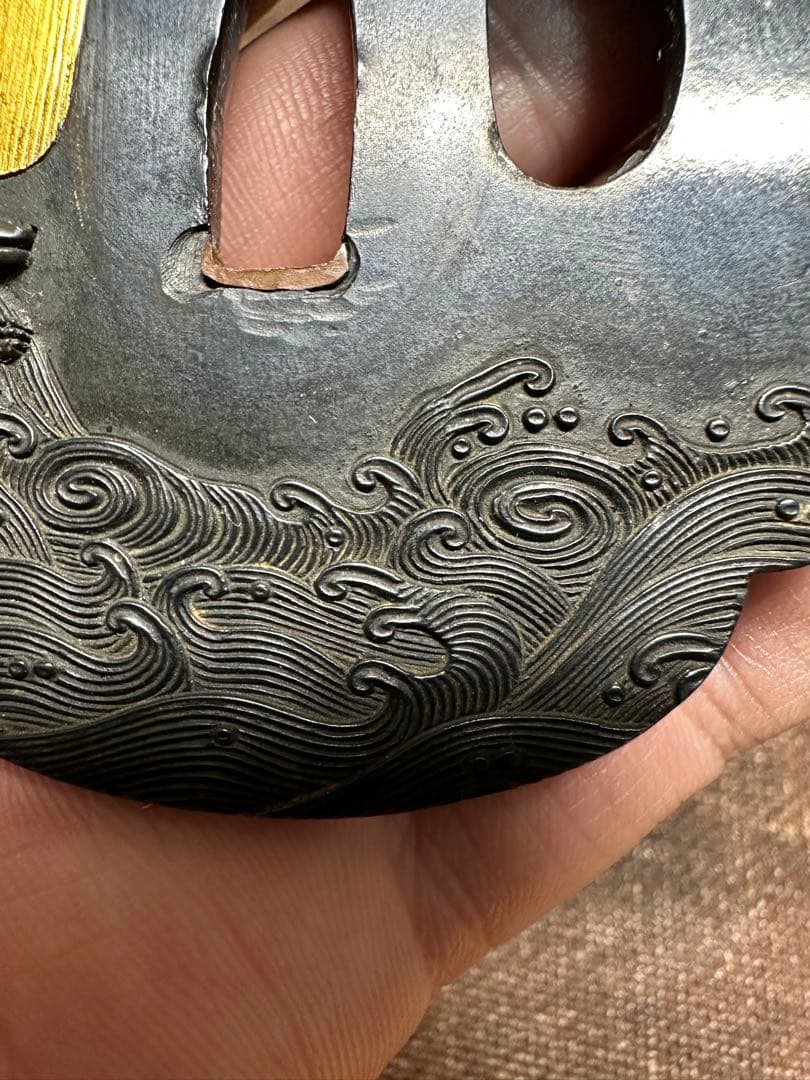 赤銅　鍔　つば　武具　象嵌　波兎　獅子牡丹　江戸時代　骨董古美術