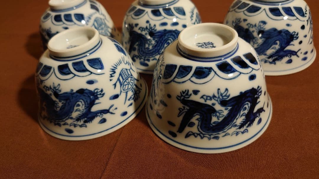 李朝　古伊万里　伊万里　白磁　染付　龍の図　蔵出し　５客