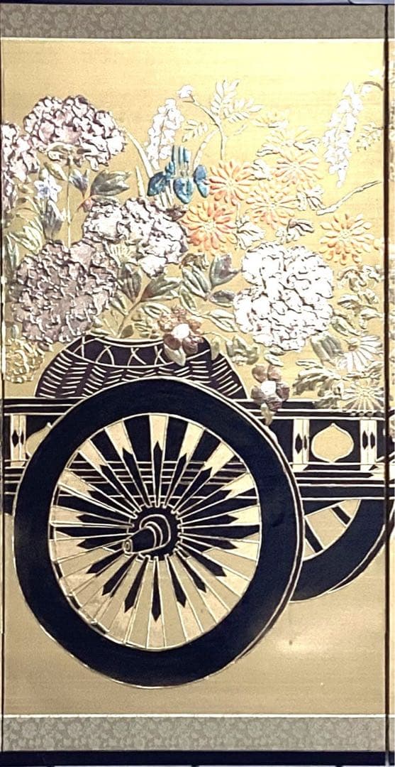 四つ折り屏風 日本画 金箔彩色 『花車』