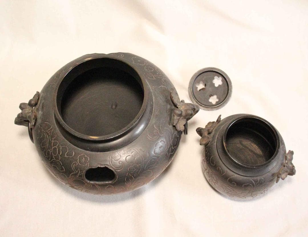 茶釜 銅製 植物文 在銘 正斉 19cm 茶道具 古銅 銅器 金属工芸