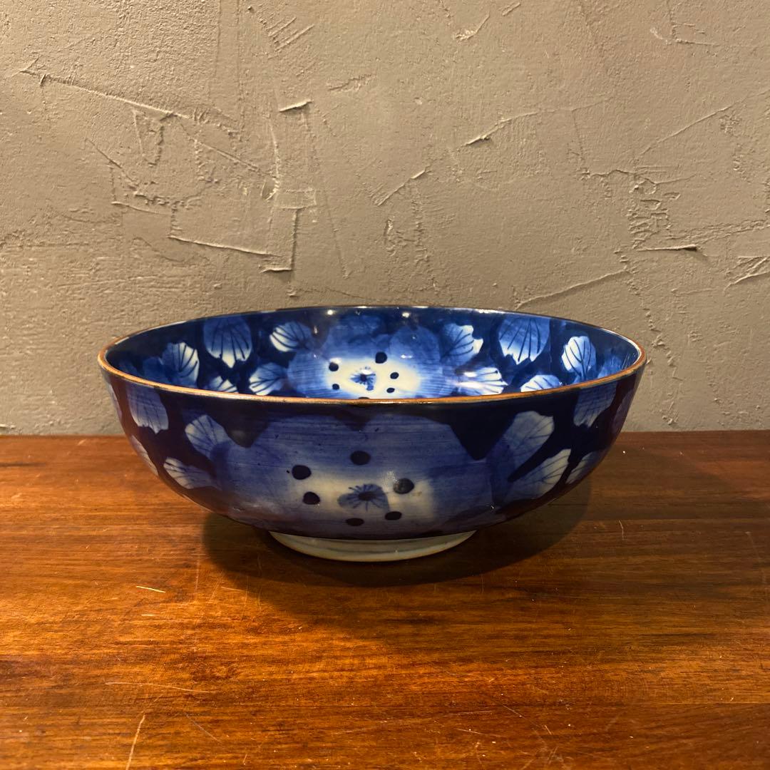 骨董品 大鉢 器 藍 高台皿 25cm コレクション 時代物　染め付け