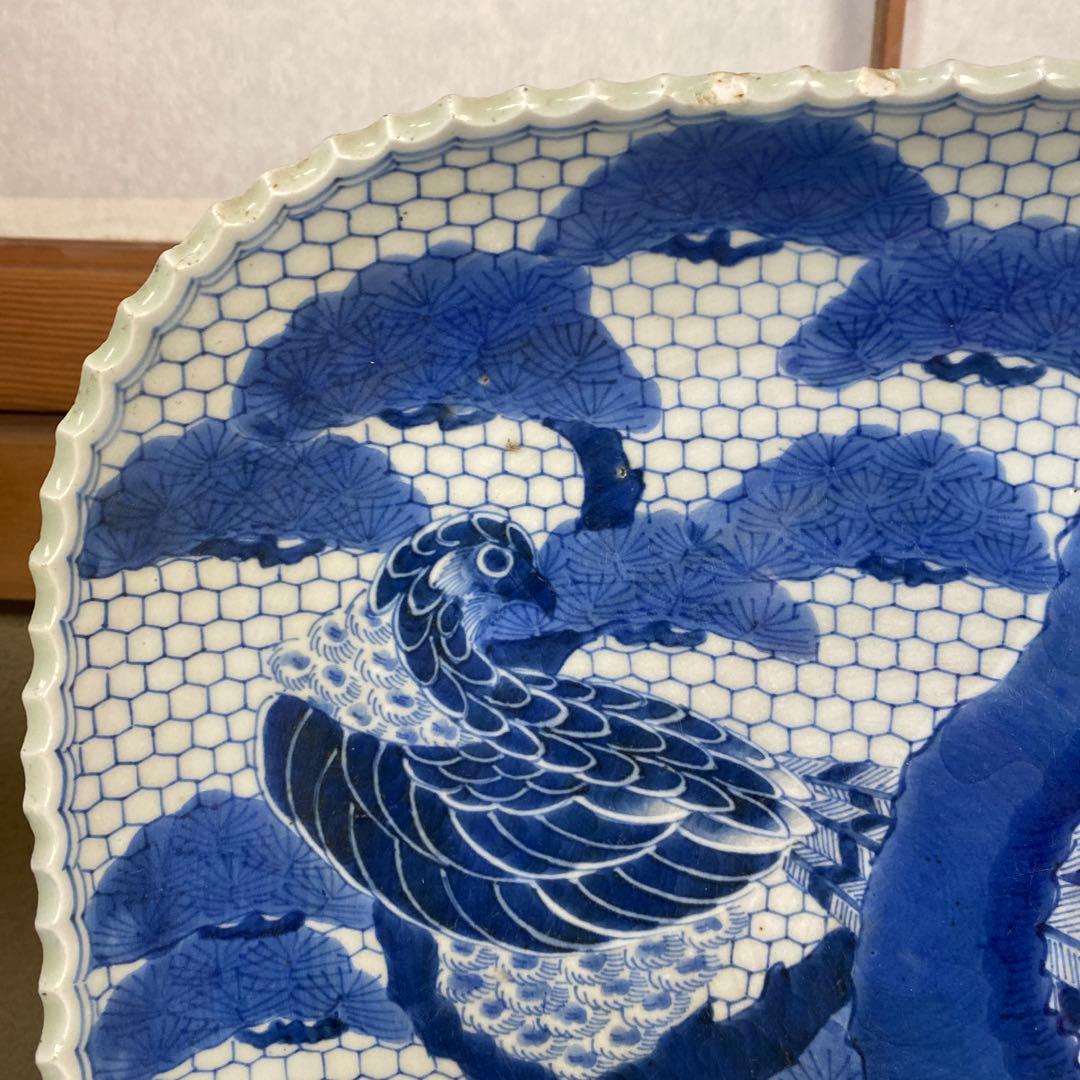 古伊万里江戸後期染付鷹狩り図大皿