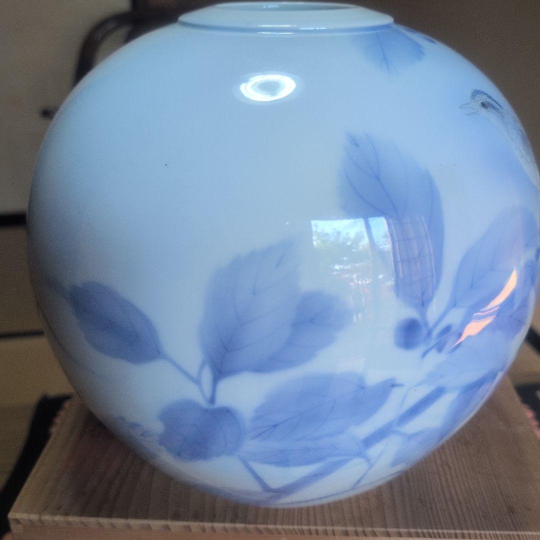 宮内庁御用達 深川製磁 有田焼 花瓶 官窯染付 鳥 白磁 藍絵 特大