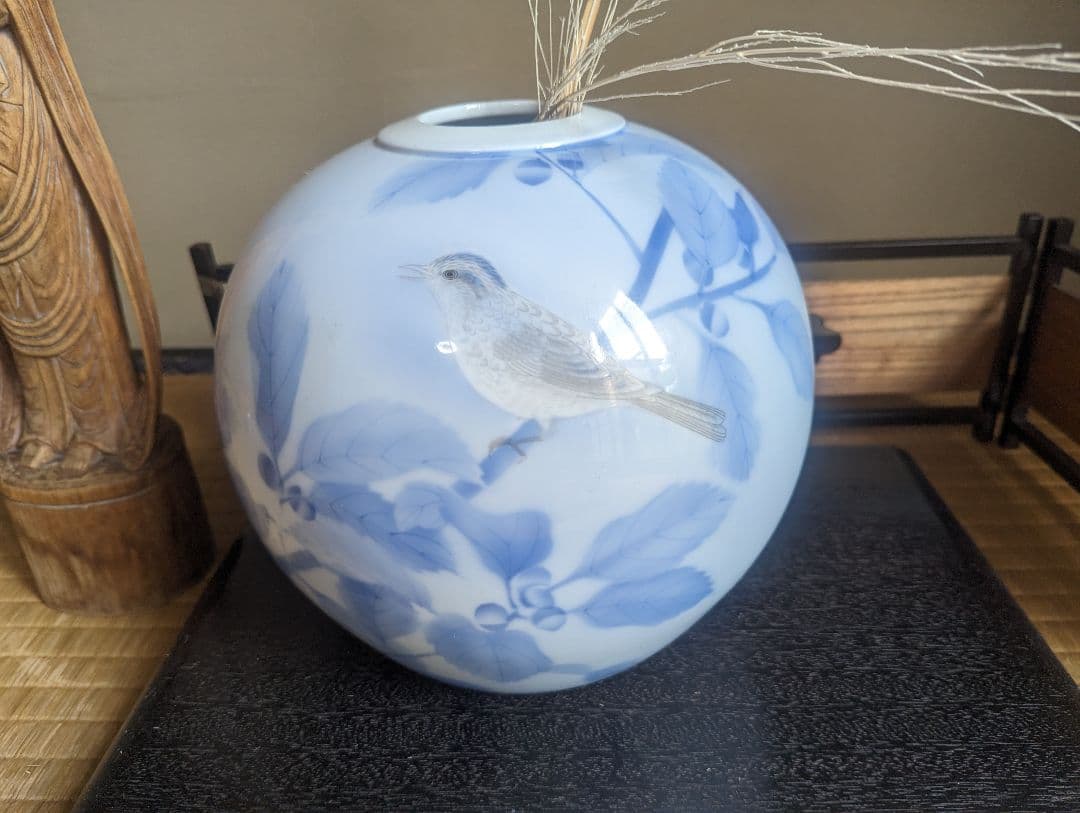 宮内庁御用達 深川製磁 有田焼 花瓶 官窯染付 鳥 白磁 藍絵 特大