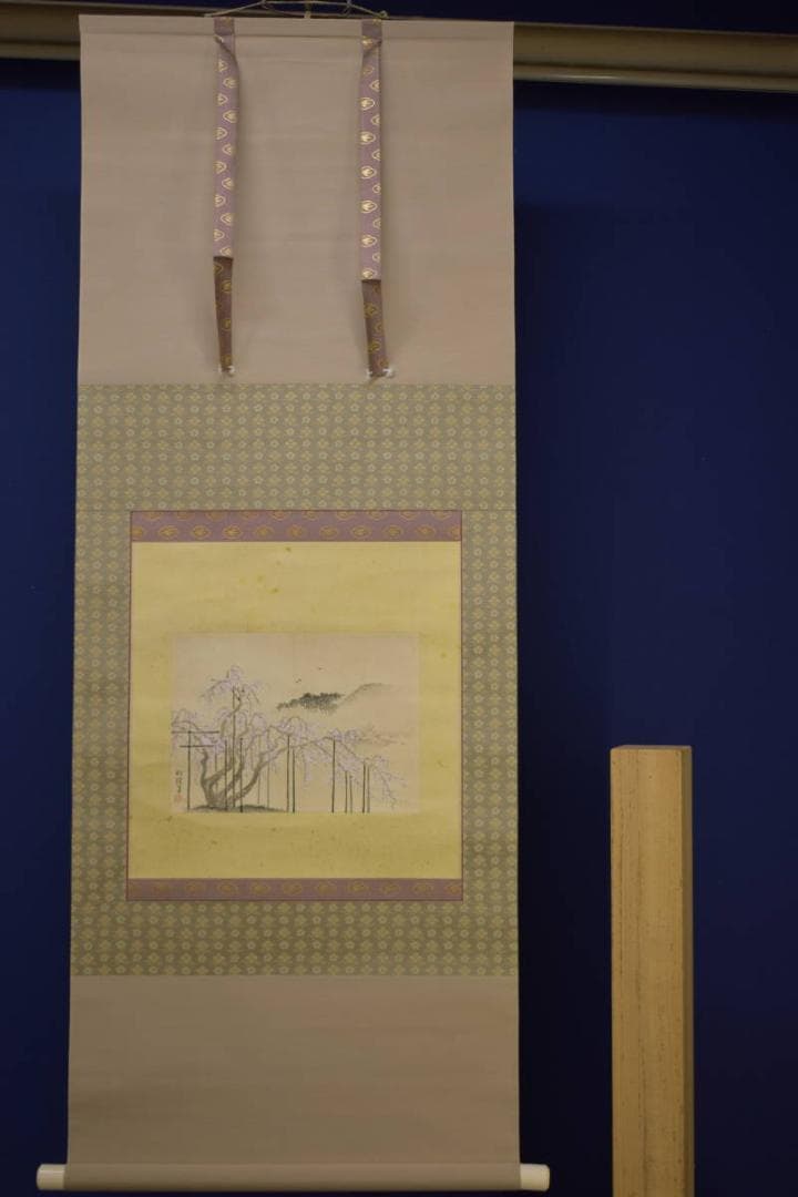 複製/松渓/塔/枝垂桜図/しだれ桜図/金泥/工芸/布袋屋掛軸HI-792