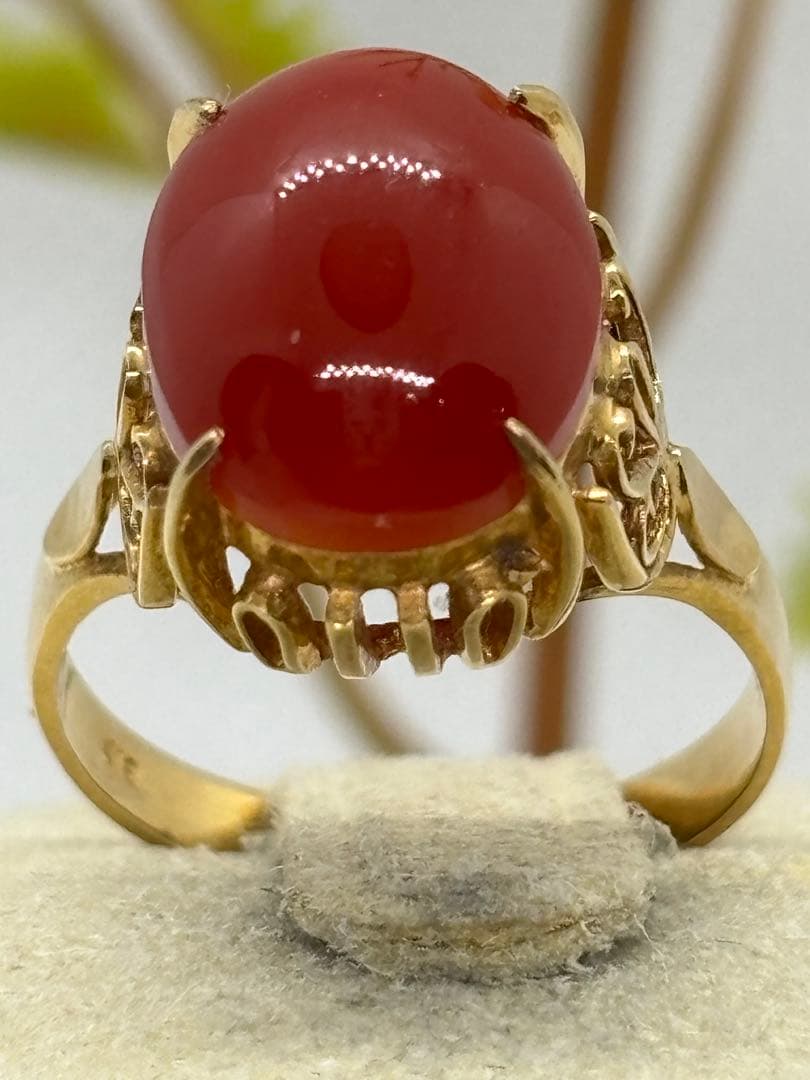 K18 天然血赤珊瑚国産本サンゴ素敵な指輪リング（A527）