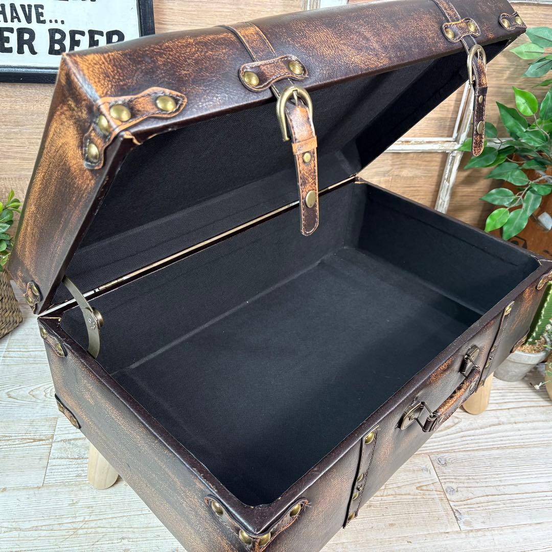 アンティーク調トランク型収納ケース付きレザーベンチスツール木製足オットマン椅子