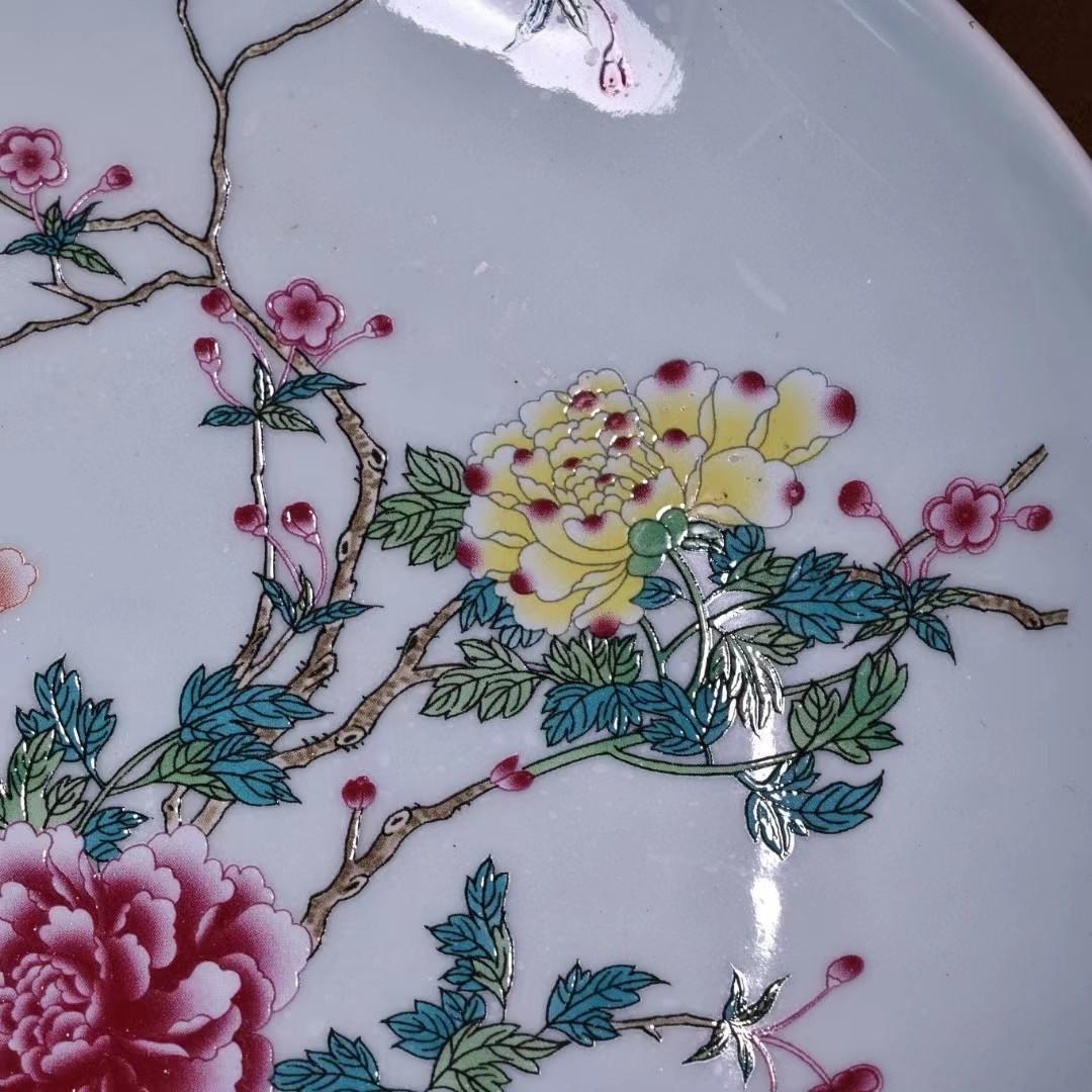中国古美術・珍蔵粉彩・花鳥絵陶磁器の中皿・純手描き・木箱