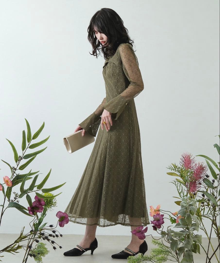 幾何学柄 レース バックオープン ワンピース パーティー 結婚式 お呼ばれ