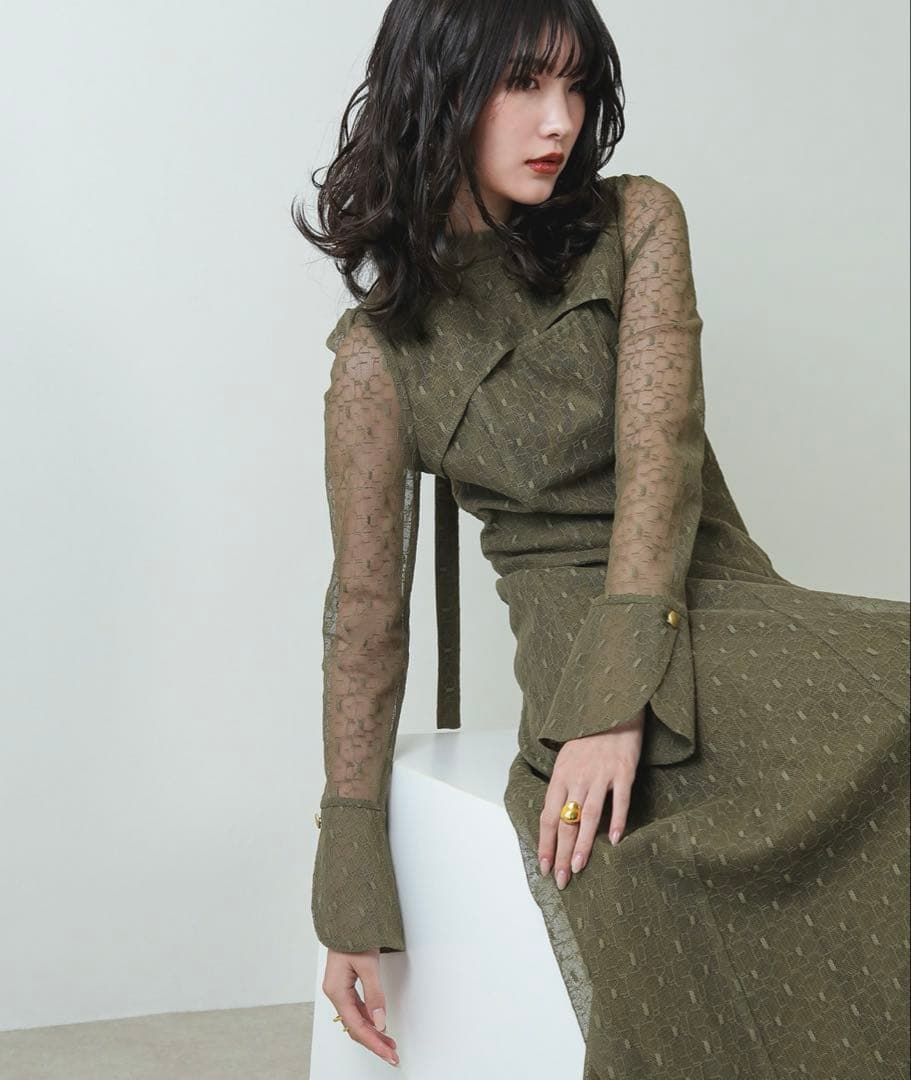 幾何学柄 レース バックオープン ワンピース パーティー 結婚式 お呼ばれ