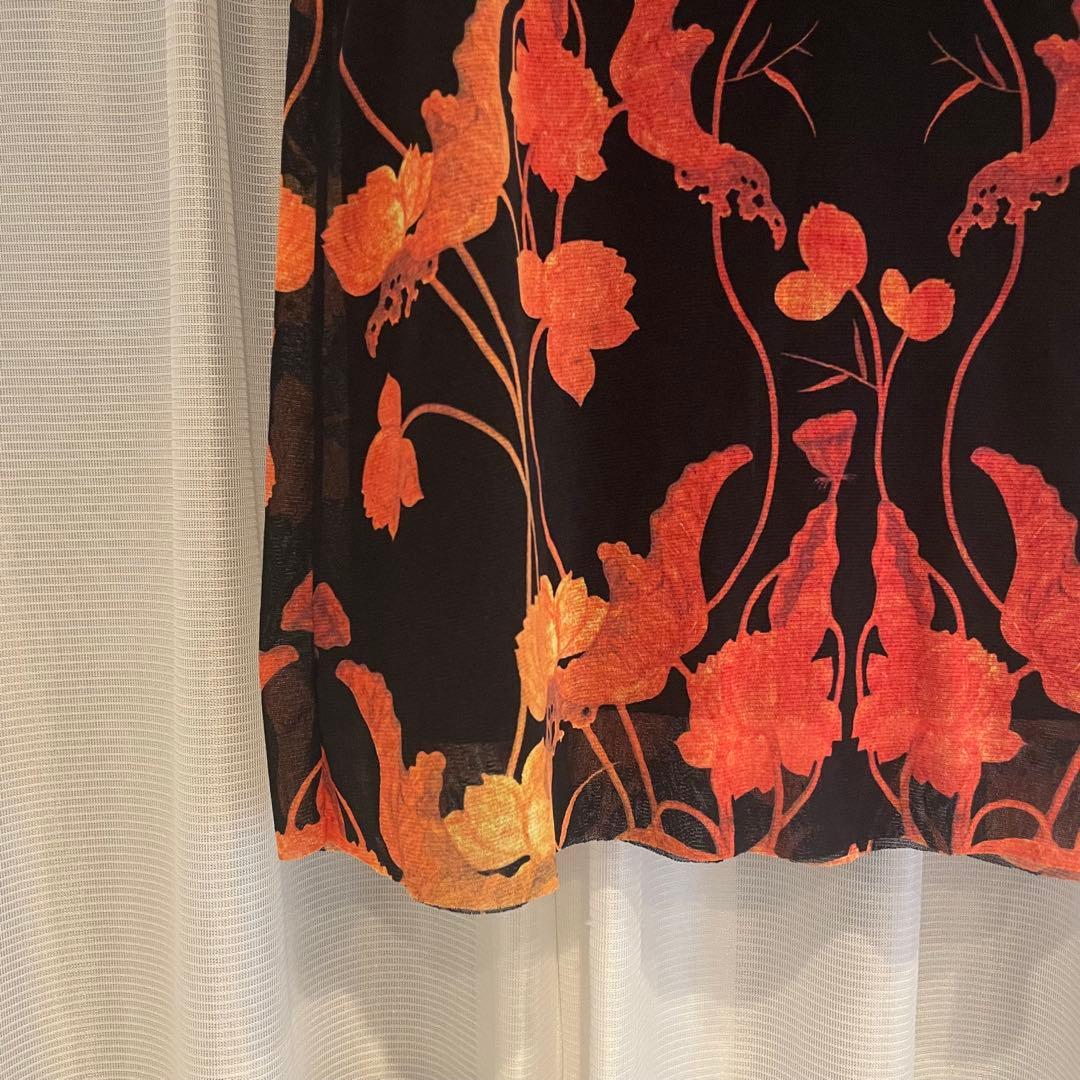 VIVIENNE TAM パワーネット膝丈スカート 黒/オレンジ 花柄 S