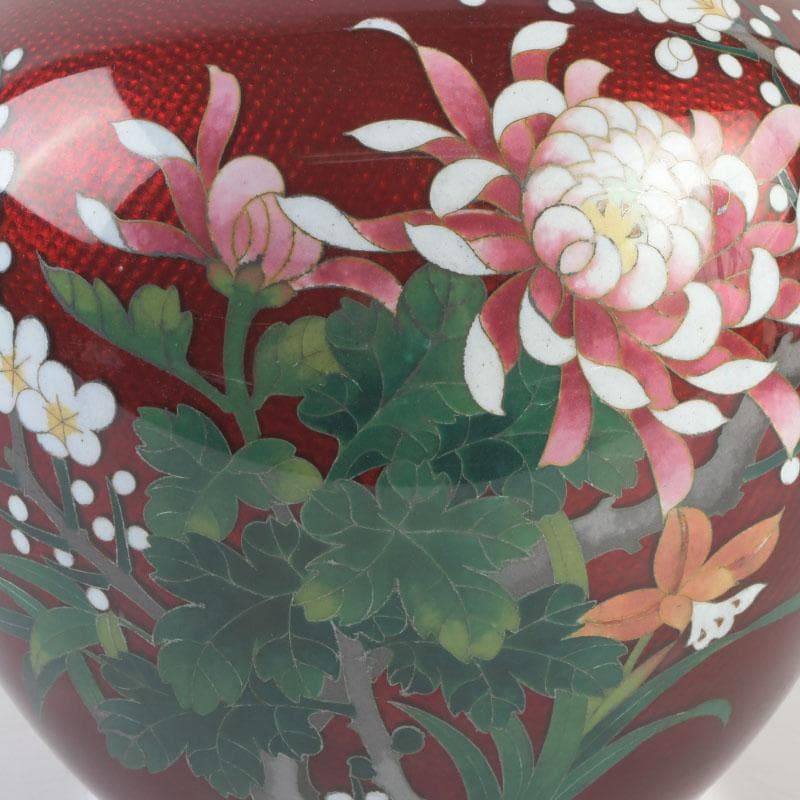 七宝焼 尾張佐藤七宝店謹製 赤透釉 四君子文 花瓶 V 9310