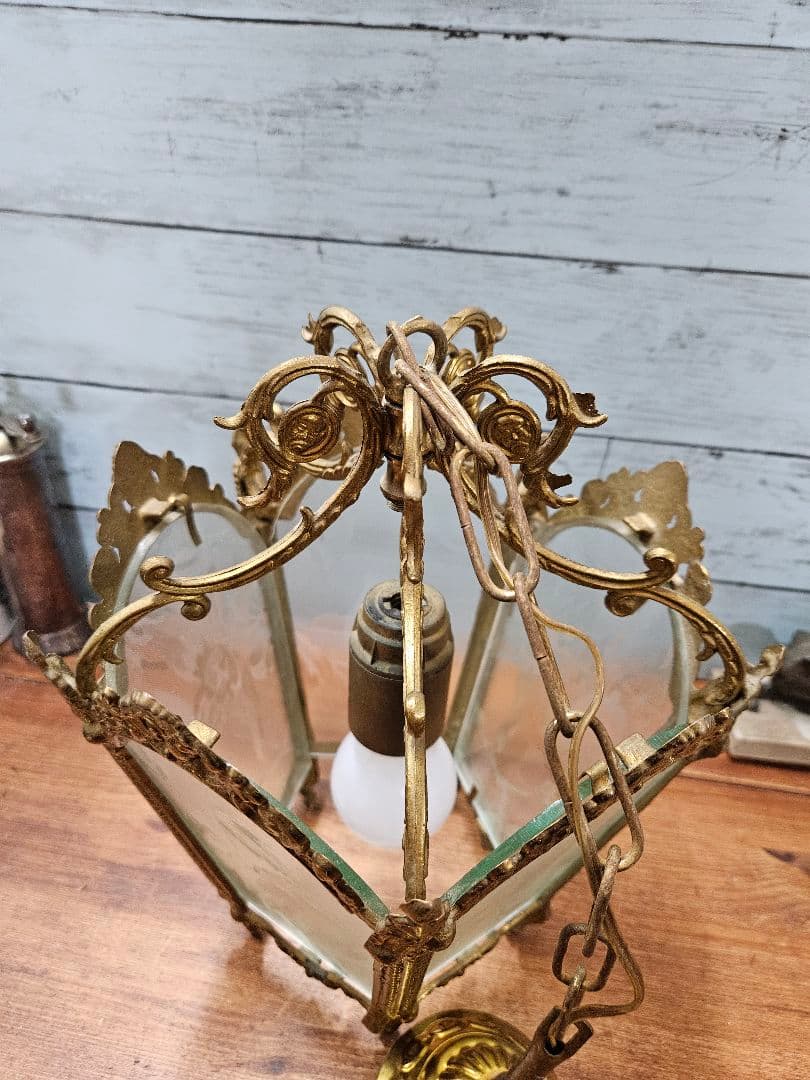 フランスアンティーク 5面ガラスのペンダントライト アールヌーボー