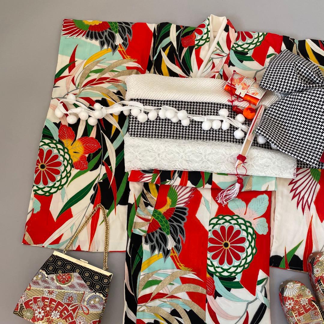 七五三　アンティークお着物セット　３歳　作り帯コーデ　髪飾り付き