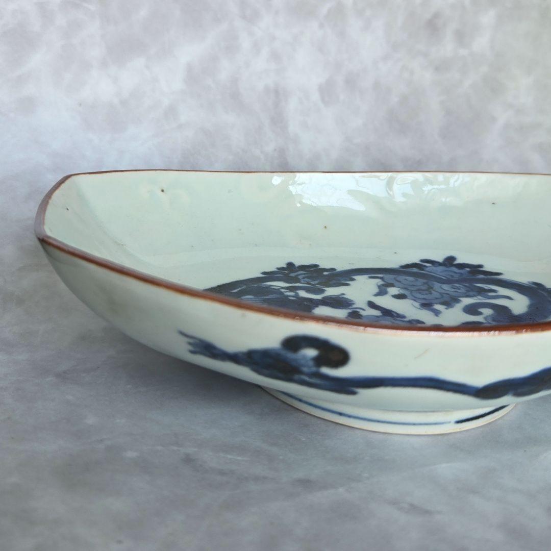 無傷 古伊万里 染付 長皿 陽刻 雲竜 雲龍 金継ぎ アンティーク 骨董