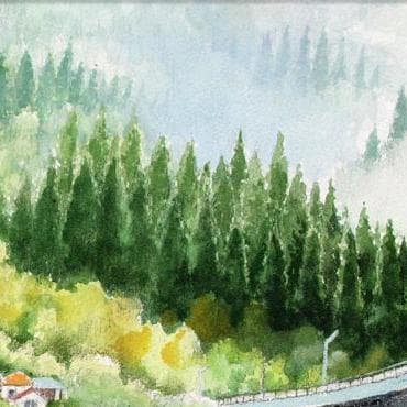 絵画「朝霧晴れて～ 飛騨川の清流」　水彩画