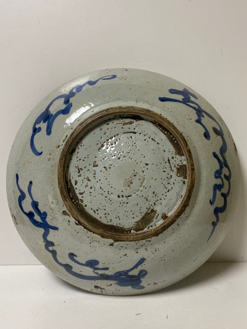 中国美術　呉須染付牡丹鳳凰文大平鉢 大盤 安南大皿 明末～清初 時代箱　骨董品