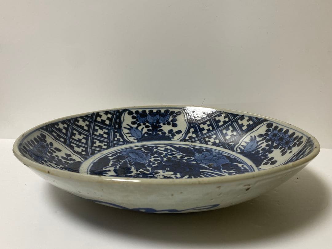 中国美術　呉須染付牡丹鳳凰文大平鉢 大盤 安南大皿 明末～清初 時代箱　骨董品