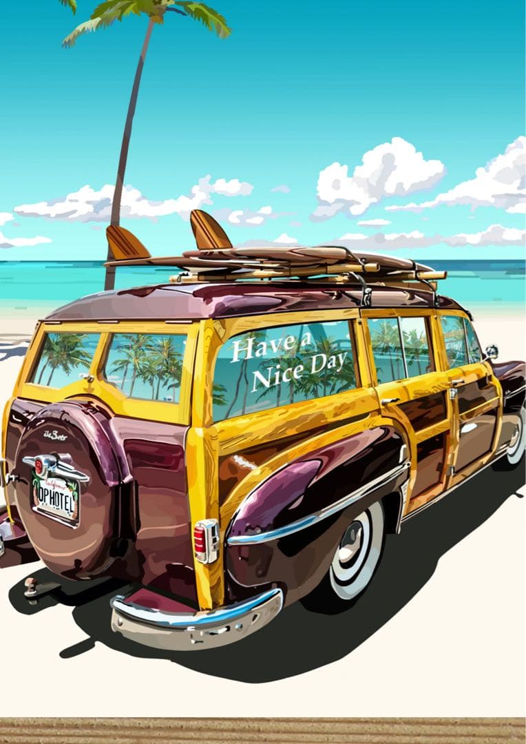 ハワイの浜辺サーフィンカー　1/10 10点限定 絵画　イラスト画　自作絵画