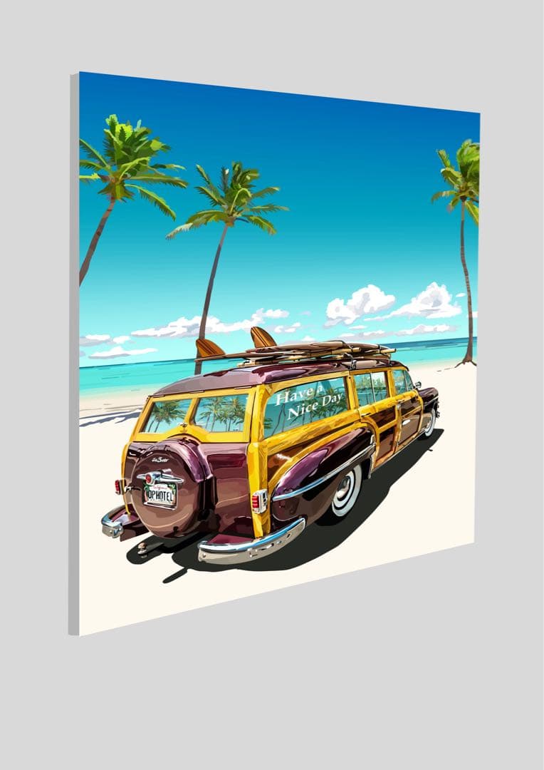 ハワイの浜辺サーフィンカー　1/10 10点限定 絵画　イラスト画　自作絵画