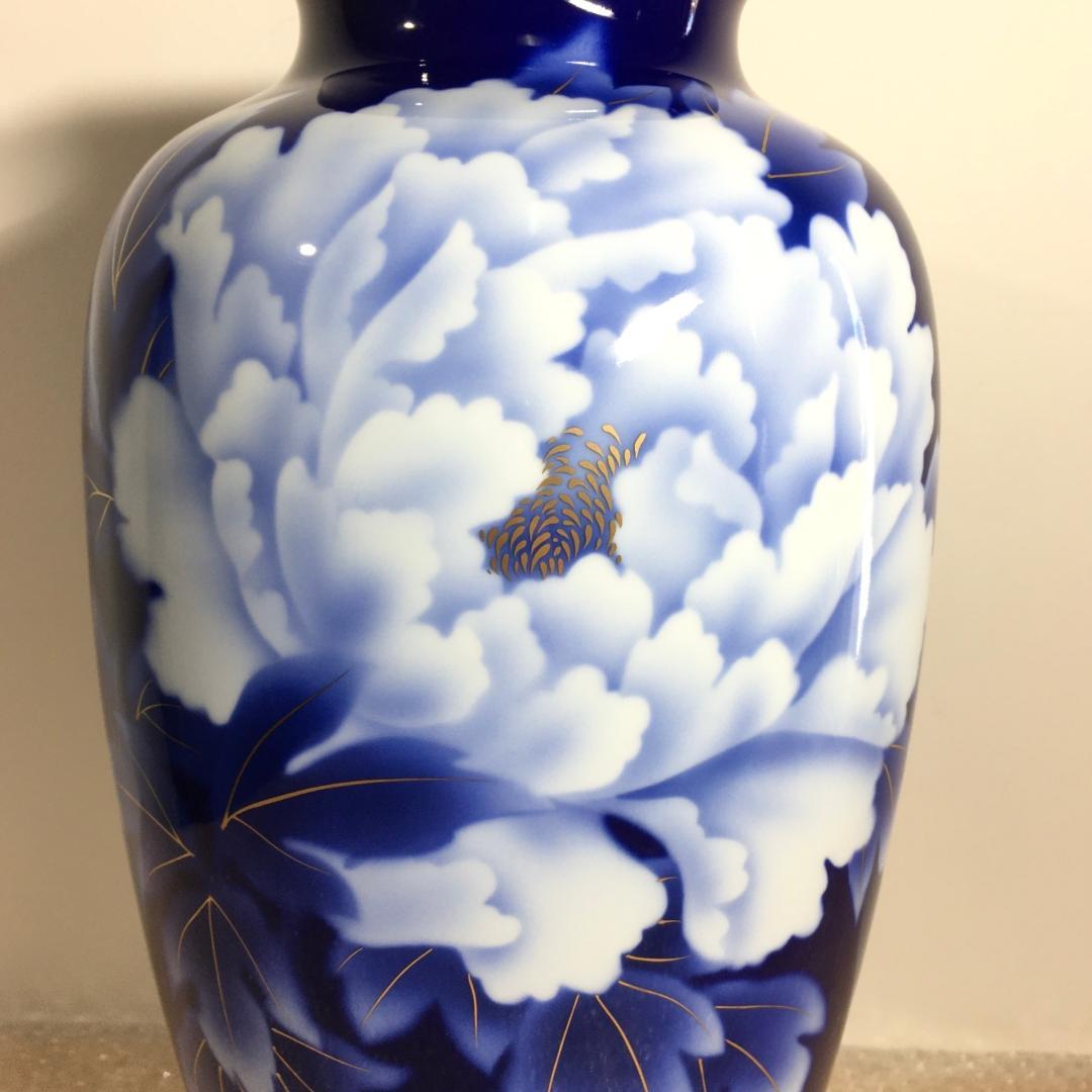 深川製磁 新品未使用超美品！ 瑠璃 牡丹 金彩 花瓶 大花瓶 花生
