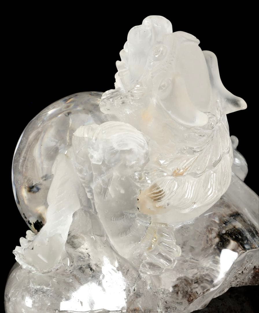 中国美術 水晶玉乗獅子 万事如意刻印 置物 老水晶彫 古水晶 唐