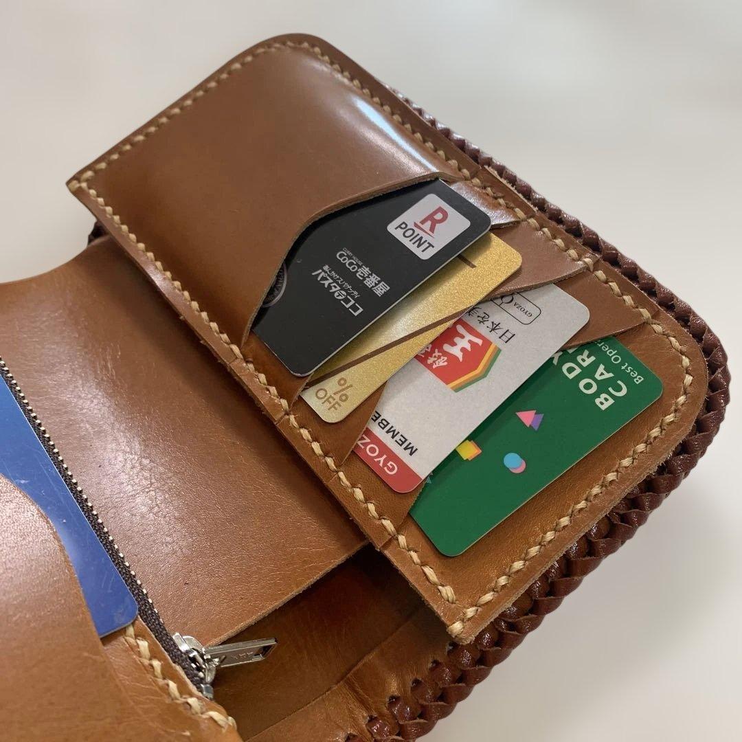 ハンドメイドレザークラフトキリン柄ハラコ牛革茶色ミドルウォレット牛レース編み茶色